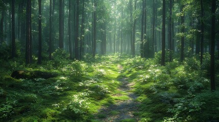 Fototapeta premium A tranquil forest path lined with lush greenery and soft sunlight filtering through tall trees during a serene morning