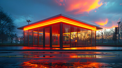 Fototapeta premium Modern Glass Building with Neon Lights at Dusk - 3D Illustration
