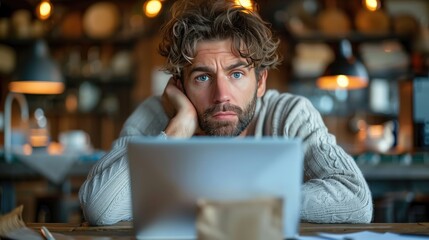 Fototapeta premium Man looking with panic on monitor screen. trying to cancel an unwanted subscription on a website, looking annoyed