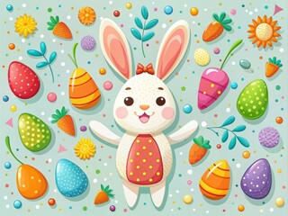 Easter Day Decoration Vector Illustration Easter Bunny Carrots Eggs Confetti Modern Whimsical Vibrant Colors Fun Colorful Joyful