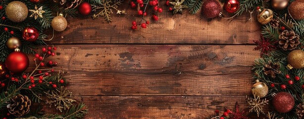 Rustic wooden background with an aerial view of decorations on the left side border, red and gold color scheme, wide angle lens, high resolution photography, isolated plain in middle