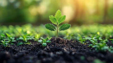 Young green plant growing in rich soil among other seedlings during a sunny day in an outdoor garden setting