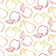 Seamless pattern of doodle outline apples and pears on isolated background. Hand drawn background for Autumn harvest holiday, Thanksgiving, Halloween, seasonal, textile, scrapbooking, paper crafts.