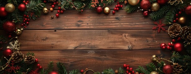 Rustic wooden background with an aerial view of decorations on the left side border, red and gold color scheme, wide angle lens, high resolution photography, isolated plain in middle
