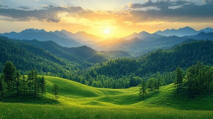 Obraz premium Sunrise over rolling hills and lush green forests in a mountain landscape