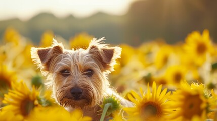  A tight shot of a dog amongst sunflowers in the foreground, with a softly blurred, overhead sky