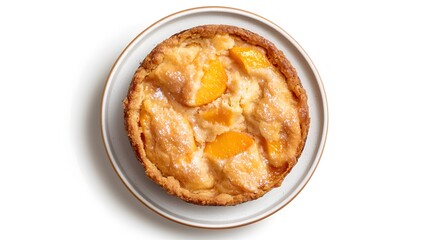 Freshly baked peach cobbler on white plate - top view of homemade dessert