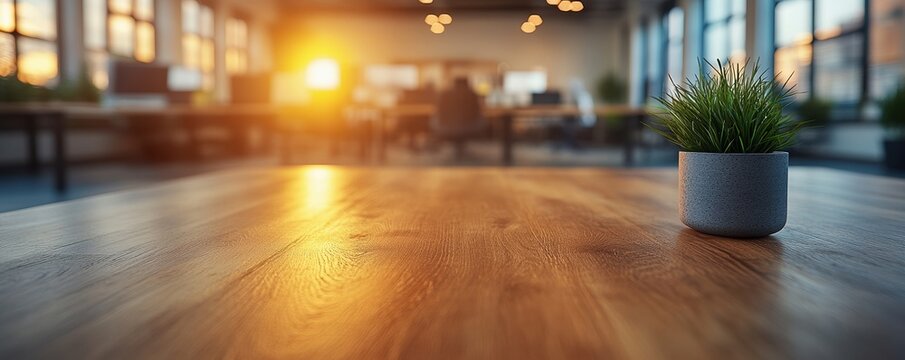 A modern open-plan office space with wooden desk surfaces is bathed in warm sunset light, creating a serene and productive work environment - Powered by Adobe