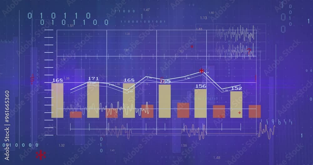 Poster Bar and line graphs with numerical data over blue digital animation background