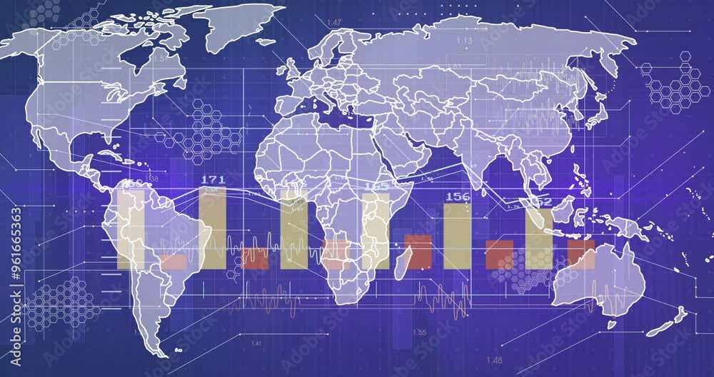 Poster world map with bar graphs and hexagonal patterns, data analysis animation