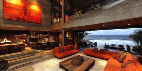 Luxurious oceanfront villa living room with modern designs featuring vibrant red decor, open spaces, and stunning panoramic sea views for a perfect seaside retreat