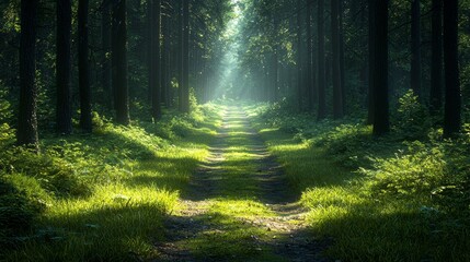 Obraz premium A tranquil forest pathway illuminated by morning sunlight filtering through tall trees in a peaceful woodland setting