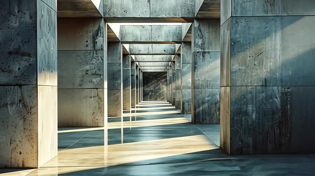 geometric corridor with concrete walls and sunlight shadows