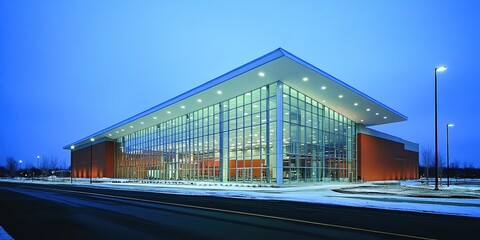 Obraz premium A modern and expansive glass-walled building with an illuminated facade standing against a twilight sky, showcasing contemporary architectural design elements