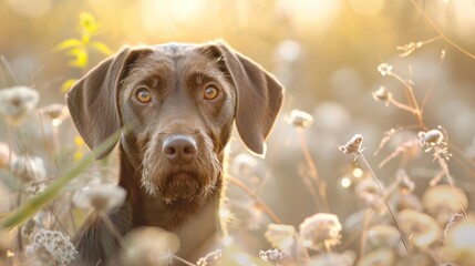  A tight shot of a dog in a field, surrounded by tall grass and flowers in the foreground, while the background gently blurs