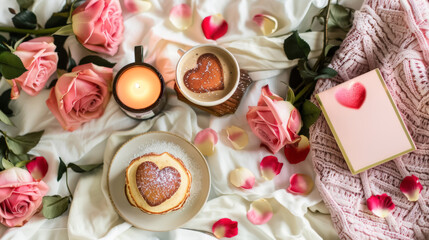 Valentine’s Breakfast with Heart Pancakes and Roses