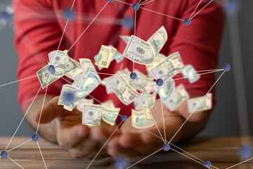 Euro coin falling banknotes. European money on white isolation background.