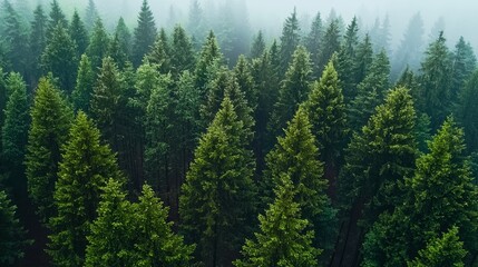 Lush green coniferous forest in foggy weather showcasing varying tree heights and dense growth during early morning hours
