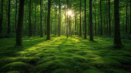 Naklejka premium Sunlight filters through trees in a lush green forest during the early morning hours, highlighting vibrant moss-covered ground
