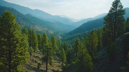 Lush green pine forest in a serene mountain valley landscape.