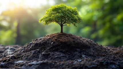 A small tree growing atop a mound of rich soil in a sunlit forest during early morning