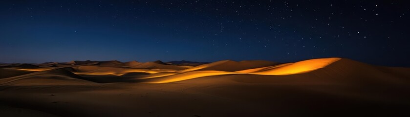 A desert at night, where advanced solar technology stores sunlight and releases it as glowing, ambient light