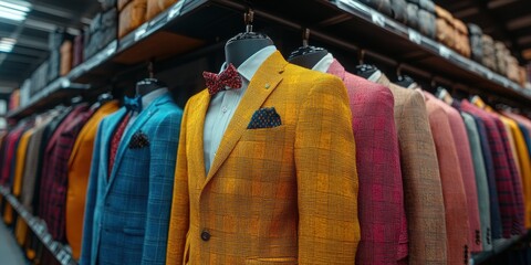 Obraz premium A vibrant display of stylish, multicolored suits on mannequins in a modern clothing store, showcasing a variety of patterns and designs for fashion-forward individuals