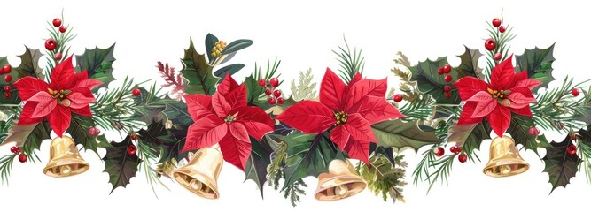 Set of garland with poinsettia flowers, pine cones and golden bells isolated on a white background, vector illustration. With each element in a different position for easy collage composition design.
