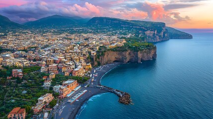 Fototapeta premium Stunning sunset view over Sorrento��s coastline and vibrant cityscape.