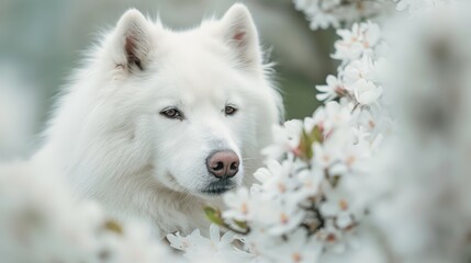 Fototapeta premium A white dog, its face filled with the frame, holds flowers in the foreground The background softly blurs into a sea of white blooms