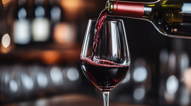 Bartender pouring red wine into glass at bar counter