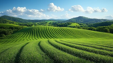 Lush green rolling hills with curving lines of grass under a blue sky in a tranquil countryside landscape during daylight