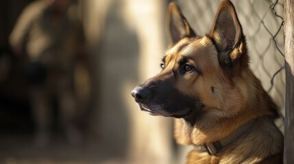 Fototapeta premium A close-up of a German Shepherd dog, gazing thoughtfully with a blurred background.