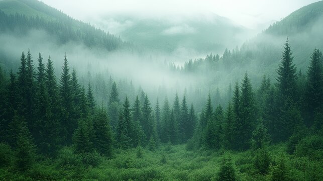 Misty green landscape covered in fog with dense evergreen trees in a mountainous region during early morning hours