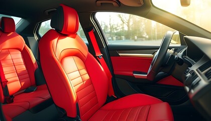 Sunlit car seat featuring vibrant red safety harnesses, highlighting comfort and security in contemporary travel