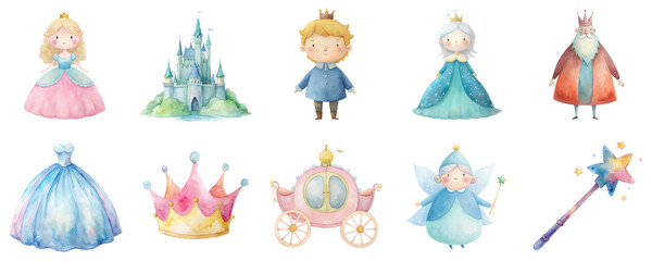 Fairytale characters and elements including prince, princess, castle and magic wand in watercolor illustration set. Objects in vibrant pastel tones isolated on transparent background
