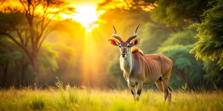 A majestic eland antelope grazes serenely in the African savanna, surrounded by lush greenery and golden sunlight, its