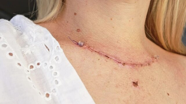 Scar on the neck from surgery. Thyroidectomy.