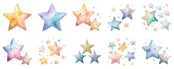 Smiling stars in various colors depicted in soft watercolor illustration set. Objects in vibrant pastel tones isolated on transparent background