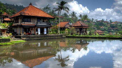 Obraz premium Traditional Balinese houses reflected in serene rice paddies under a cloudy sky.