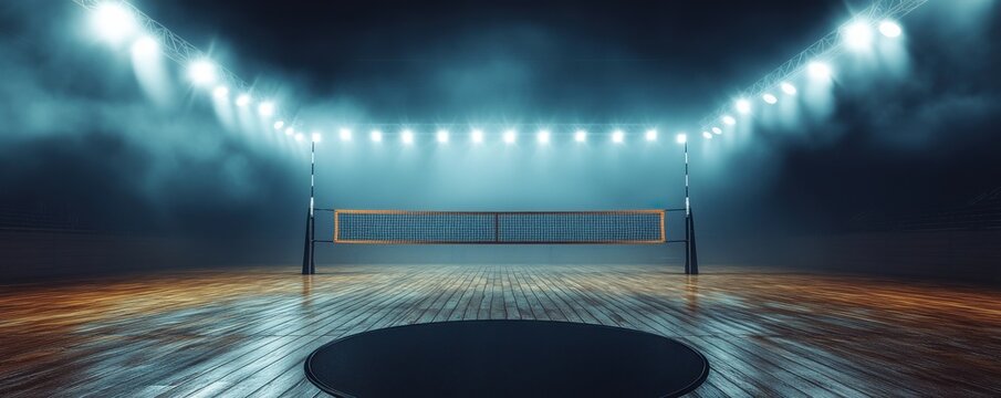 Professional volleyball court illuminated under bright stadium lights creating an inspiring and intense atmosphere perfect for sports competitions and athletic events at night