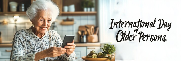 A banner for International Day of Older Persons featuring an elderly woman looking at her phone, highlighting the role of technology and connectivity for seniors