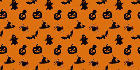 Halloween vector seamless pattern with pumpkins, bats, spiders and potion on orange background. Halloween concept pattern. Vector EPS 10