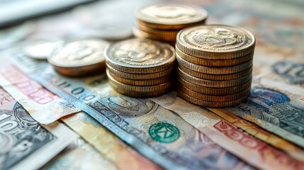 Stacked coins and banknotes arranged on a table showcasing various currency from around the world in a well-lit setting