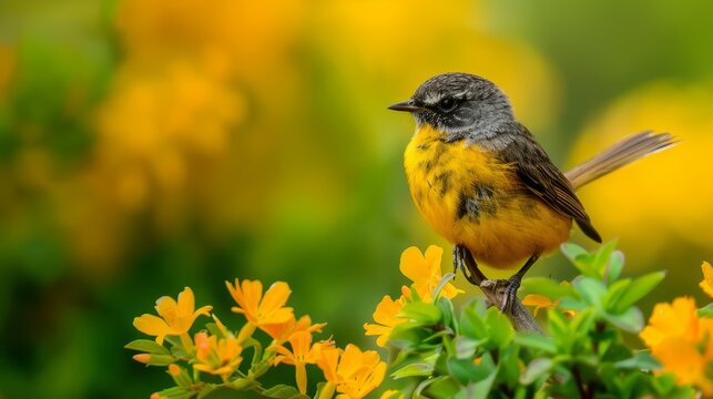  A small yellow bird atop a green bush, surrounded by yellow flowers, against a softly blurred backdrop - Powered by Adobe