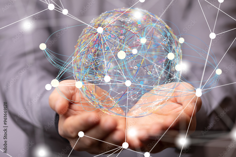 Poster Global network. Blockchain. 3D illustration. Neural networks and artificial intelligence. Abstract