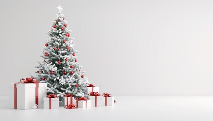 3d tree with red and white gifts on pure background, the picture is empty space around the tree, white background, white color palette,