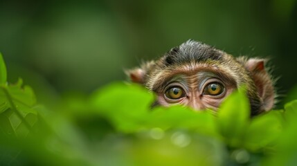 Fototapeta premium A tight shot of a small monkey looking out from behind a leafy, green plant, its bright eyes gazing forward