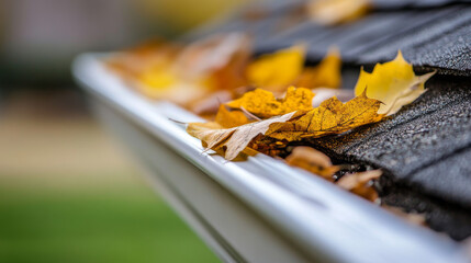 A close-up of a rain gutter shows a screen to stop leaves, but some leaves are still there. This image reminds us of home maintenance, yard work, and how damage to the roof can happen.