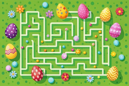 Easter egg maze puzzle illustration with interactive elements